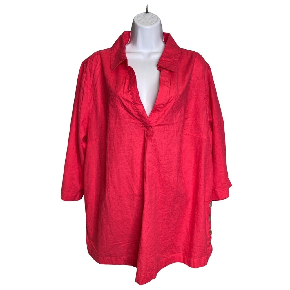 Tahari Coral Pink Linen Blend Tunic Top 1X‎ Coastal Oversized Lagenlook Preppy